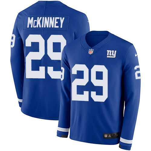 Nike Giants #29 Xavier McKinney Royal Blue Team Color Youth Stitched NFL Limited Therma Long Sleeve Jersey